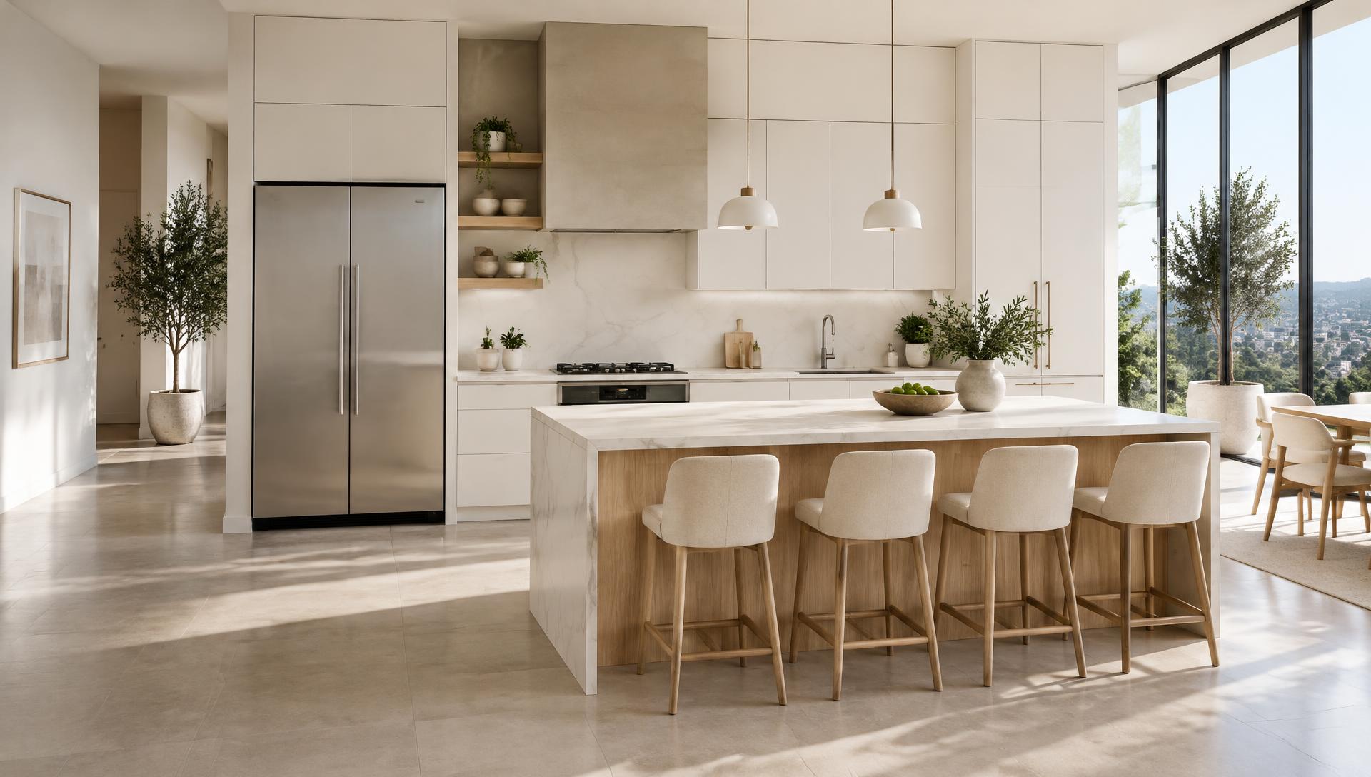 Cocina clara y luminosa con nevera de acero, cocina a gas y horno empotrado